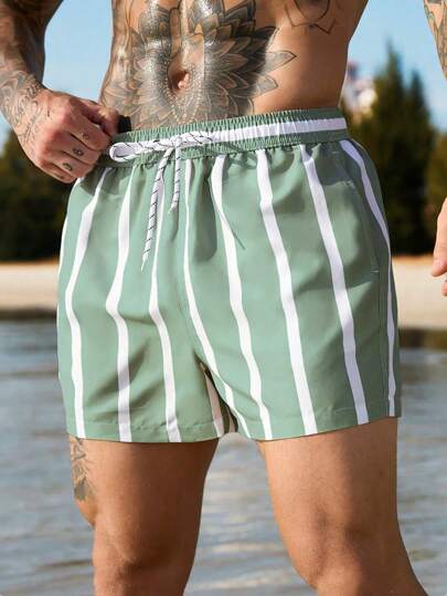 Surfspeed Herren Sommer Urlaubsstil gestreifte Shorts mit Kordelzug Taille, Schrägem Tasche und Hawaii-Muster