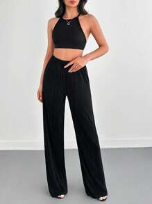 SHEIN Tall Ensemble coordonné de lounge froissé chic pour fille avec un top court à col montant et un pantalon ample. Ensemble deux-pièces en tissu pour femmes avec un Top et un pantalon à jambe large. Décontracté, élégant, pour un rendez-vous, un week-end de luxe