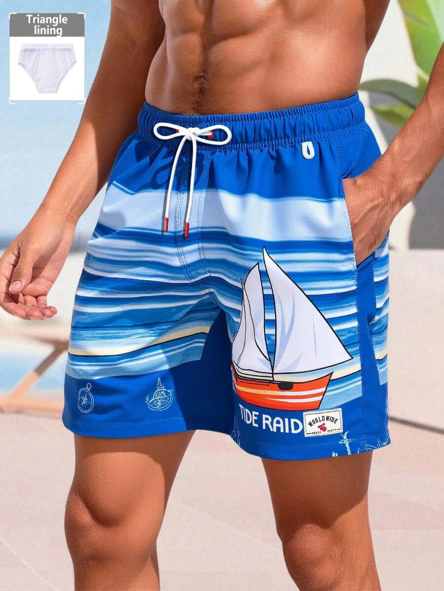 Surfspeed Men's Sailing Print Drawstring Waist Beach Shorts, Hawaiian - Multicolor - View 1