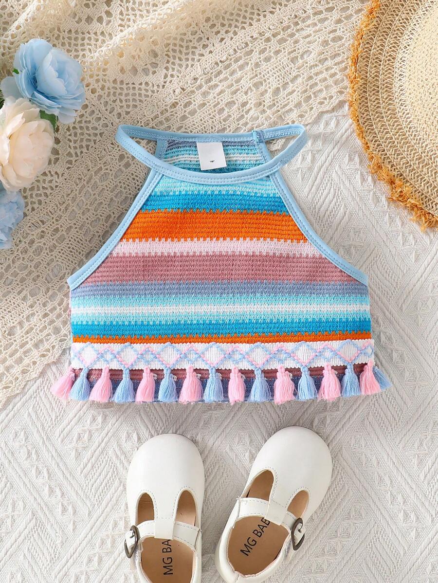 SHEIN 女童彩色编织彩虹吊带背心，适合日常穿着、节日、假日和度假 - 彩色 - 查看 1