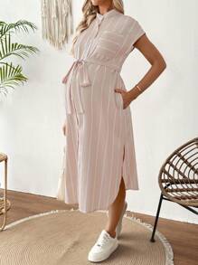 SHEIN 孕妇蝙蝠翼短袖口袋休闲条纹连衣裙，夏季