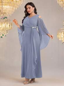Modelyn Vestido sólido minimalista de talla grande con puño de manga de talla grande para mujer - Azul - Ver 1