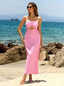 Breezaya Pink Strapless Hollow Out Fashionable Slim Fit Maxi Dress, Summer