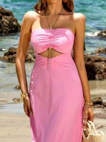 Breezaya Pink Strapless Hollow Out Fashionable Slim Fit Maxi Dress, Summer