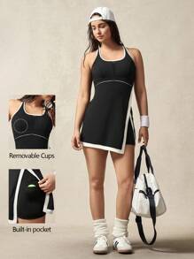 VARSIVA Women's Summer Casual Contrast Trim Slit Sports Dress And Shorts Set - Black and White - View 13