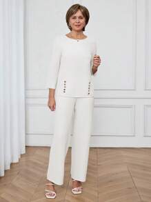 Miaspire 女士纯色纽扣设计七分袖休闲上衣和裤子两件套