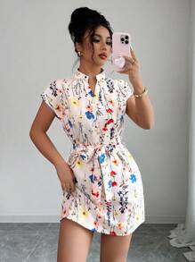 SHEIN LUNE Vestido elegante de verano para mujer con estampado completo, cuello con muesca y manga corta - Multicolor - Ver 4