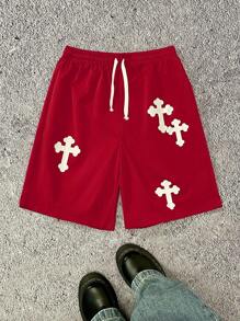 SHEIN 1 pieza Pantalones cortos casuales de estampado de cruz holgados con cordón en la cintura para adolescentes varones, para uso en verano y primavera; Ropa de niños adolescentes; Chaquetas de niños, de vuelta al colegio en primavera