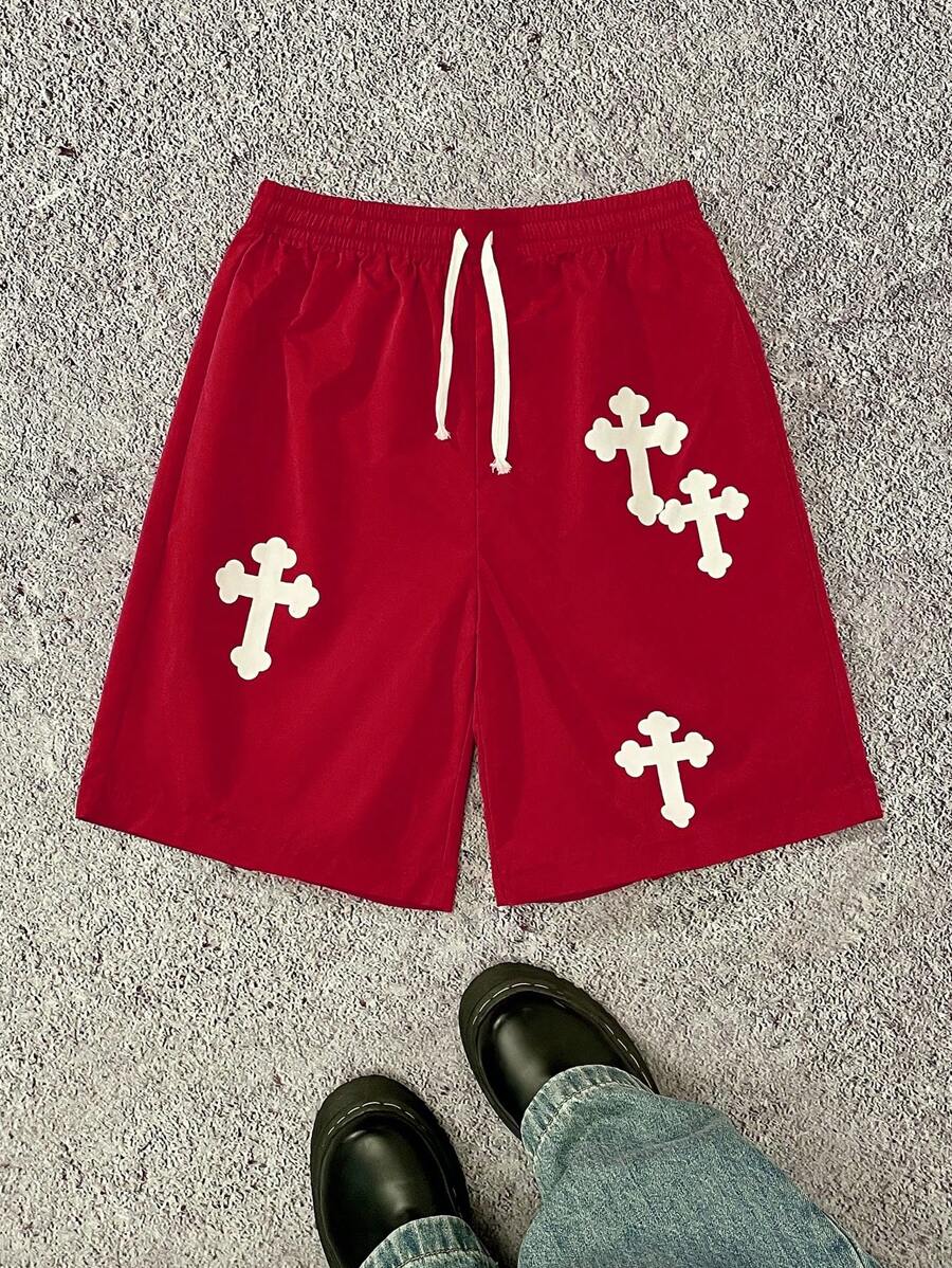 SHEIN 1 pieza Pantalones cortos casuales de estampado de cruz holgados con cordón en la cintura para adolescentes varones, para uso en verano y primavera; Ropa de niños adolescentes; Chaquetas de niños, de vuelta al colegio en primavera