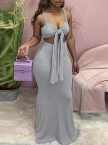 2pcs Set Light Grey Women Front Knot Camisole Top And A-Line Mini Skirt, Stylish - Light Grey - View 2