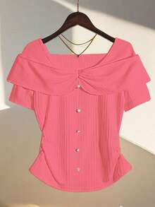 GlowEve Knitted Striped Texture Splicing Button Decor Luxe Pink Short Sleeve Top For Women, Summer - Dusty Pink - View 3