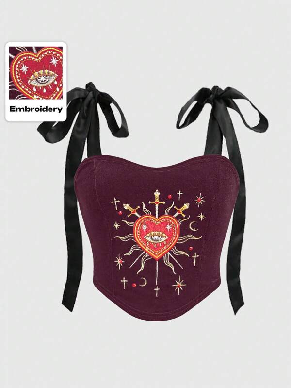 ROMWE Goth Vestă gotică victoriană cu broderie de inimă, pietre prețioase cu cristale, lacrimă, stele, decor, cu halter, top scurt pentru femei de mărime mare