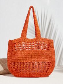 SHECARRY 女士度假休闲镂空针织托特包沙滩包 - 橘色 - 查看 5
