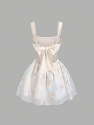 Sweetra Nuevo Vestido corto elegante con cuello cuadrado, bordado, de cintura definida y estilo dulce y elegante para mujer, para primavera/otoño, en color albaricoque