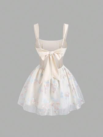 Sweetra Nuevo Vestido corto elegante con cuello cuadrado, bordado, de cintura definida y estilo dulce y elegante para mujer, para primavera/otoño, en color albaricoque