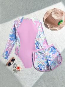 Wildeya Nuevo traje de baño de una pieza con pantalones cortos en color rosa sólido, con estampado de tie-dye multicolor y diseño de patchwork, en estilo resort de moda