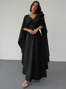 SHEIN Privé Women's Elegant Romantic Charm V-Neck Belted A-Line White Maxi Dress With Super Long Sleeve, Suitable For Valentine's Day, Vacation, Spring/Summer - Black - View 3