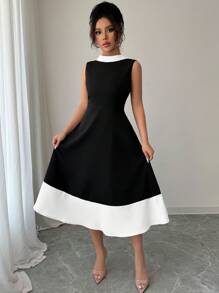 Selianne Đầm midi hở lưng, hở vai, cổ chữ V, eo thanh lịch, thoải mái, quyến rũ, đi làm, đi nghỉ, thời trang thanh lịch cho nữ - Đen và trắng - Xem 4