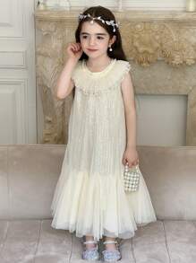 DAZY Đầm dự tiệc sinh nhật dài vừa phải cổ tròn lưới lấp lánh viền bèo nhún cho bé gái, trang phục mùa hè cho bé gái - trắng - Xem 8
