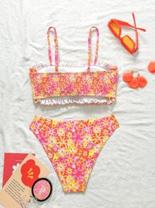 Swim Mod Women's Random Floral Print Spaghetti Strap Ruffle Trim High Cut Sexy Bikini Set, Summer - Multicolor - View 4
