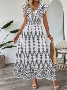 SHEIN LUNE 女式荷叶边盖袖荷叶边下摆 A 字形连衣裙，休闲度假优雅瓷器印花长款连衣裙 - 白色 - 查看 4