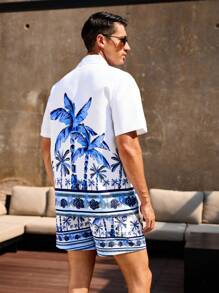 Manfinity VDAYZ Men's Tropical Coconut Tree Print Short Sleeve Shirt And Shorts Beach Suit, Summer, Hawaiian Men Vacation Clothes Beach Shirts For Men Men's Swim Trunks Matching - Blue and White - View 2