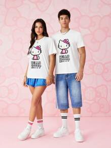 HELLO KITTY AND FRIENDS | SHEIN 1 件男女款休闲卡通字母图案短袖 T 恤，夏季 - 白色 - 查看 6