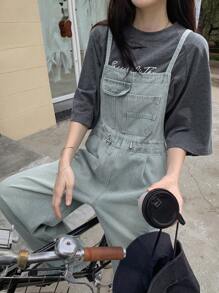 DAZY 女式松紧腰休闲牛仔背带裤，夏季街头风格工装裤 - 淺色水洗藍 - 查看 3
