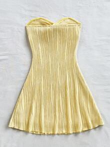 Soleia Váy ngắn dệt kim gợn sóng màu trắng dành cho nữ, dáng chữ A, eo thắt eo, thích hợp cho tiệc tùng, hẹn hò, trà chiều, bãi biển, mùa hè, lễ hội âm nhạc - Màu Mù tạt vàng - Xem 2