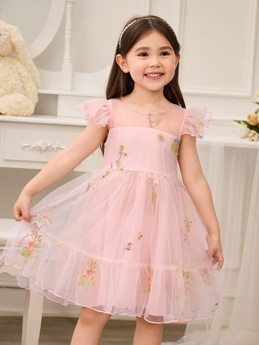 Glamorique Kids Young Girls Flower Bridesmaid Dress, Wedding, Flower Girl , Elegant , Pink Embroidered Flowers Dress,Young Girl Summer Dress ,Party Performance,Suitable For Formal Occasions, Stage, Piano Performance, Pink Tulle Dress For Kids, Pink Little Girl Princess Dresses - Pink - View 1