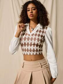 Easelle Argyle Print Shirt Collar Puff Sleeve Crop Knit 2 In 1 Top