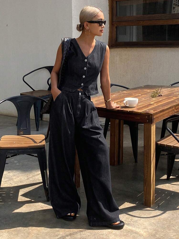 Natural Wash Denim Vest And Wide Leg Jeans Women Denim Suit
