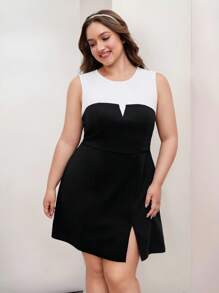 SHEIN MOD تي شيرت ذو أكمام قصيرة بتصميم باتشوورك أبيض وأسود كلاسيكي عتيق ؛ فستان مُحاك قصير ؛ ملابس يومية أنيقة ؛ مقاسات كبيرة - أبيض وأسود - مشاهدة 6