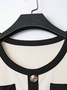 Franclia 欧美风圆领纽扣拼色短袖上衣配阔腿针织裤两件套