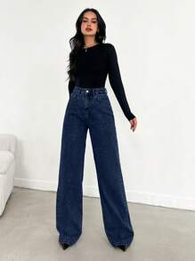 EURMUSE HIGH WAIST WIDE LEG LONG HEM BLUE JEAN - 716 GR - Dark Wash - View 5