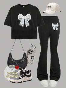 SHEIN Girlism 2pcs Tween Girl Casual Lace Bow Pattern T-Shirt And Long Pants Set, Suitable For Spring & Summer Summer Outfits - Black - View 3