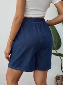 SHEIN 孕妇纯色简约系腰牛仔短裤，休闲装 - 藍色 - 查看 2