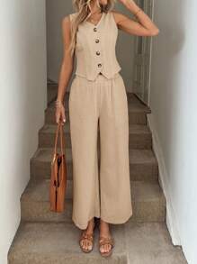 Easowa V 领不对称下摆纽扣前开无袖衬衫上衣和拉链门襟斜口袋直筒裤棉麻休闲度假优雅女士两件套 - 駝色 - 查看 3