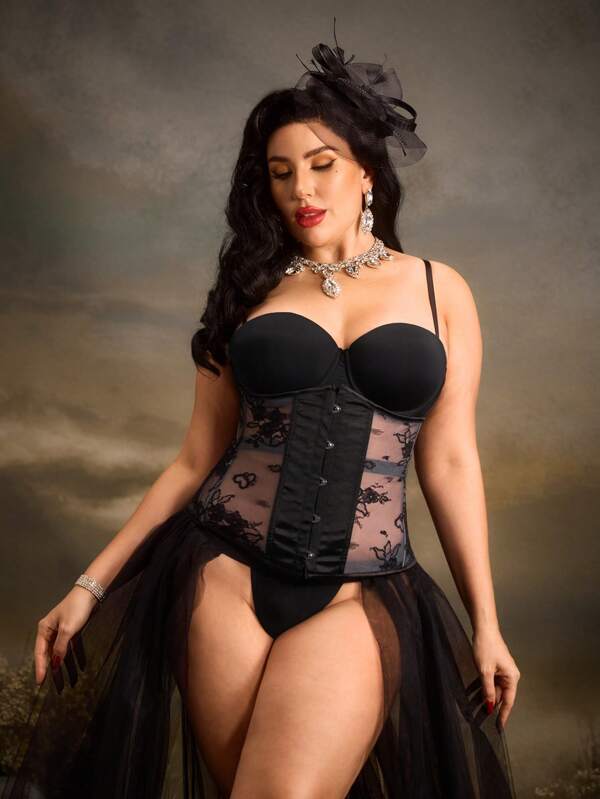 PinupPomp Plus Size Romantic Vintage Sheer Elegant Shapewear Corset With Steel Boning And Drawstring, Black, For Party And Music Festival