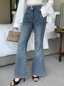 DAZY 女式韩版喇叭水洗牛仔裤 - 藍色 - 查看 4