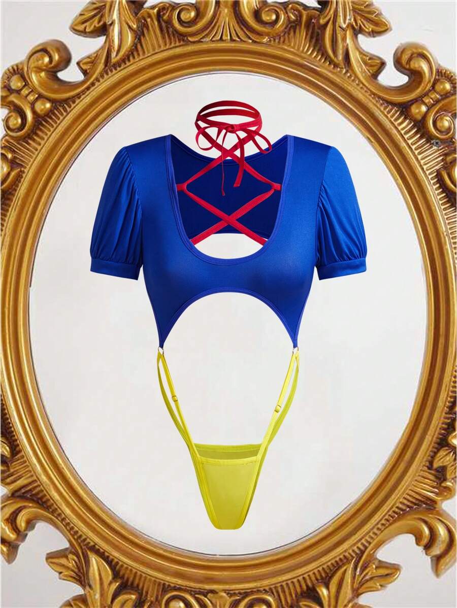 黄色和蓝色对比公主服装，性感系带内衣 - 彩色 - 查看 1