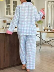 Plus Size Women Plaid Bowknot Top & Pants Pajama Set Bowknot  Cozy And Elegant Details, Fall Winter Clothes Outfit - Multicolor - View 2