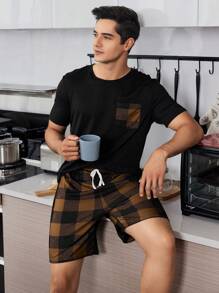 SHEIN Men's Plaid Printed 2-Piece Pajama Set - Black - View 4
