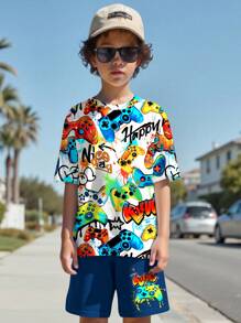 SHEIN Tween Boy Casual Cartoon Print Short Sleeve Crew Neck 2 Pieces Set, Suitable For Summer - Multicolor - View 1