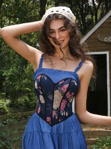 SHEIN 1pc Printed Mesh Backless Wireless Sexy Bra For Women UnderwearOuter