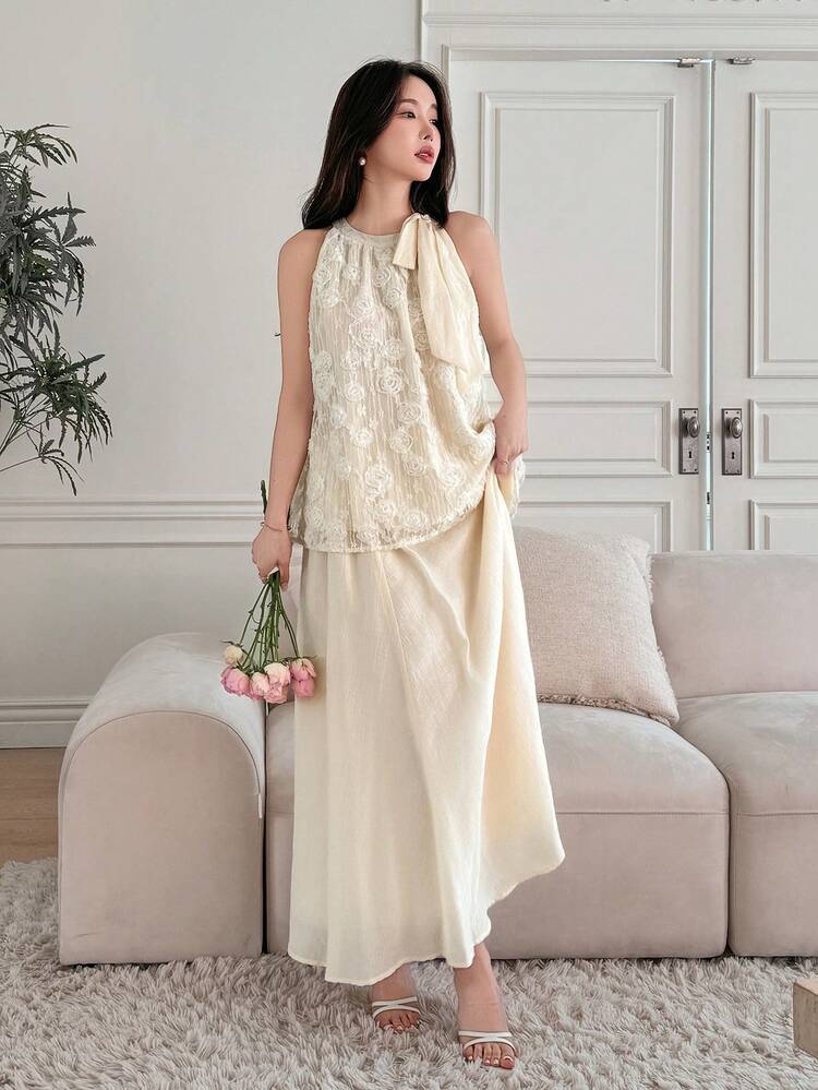 2pcs Women's Elegant Summer Floral Pattern Sleeveless Tied Top And Long Skirt Set, Lady Banquet Style