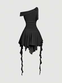 SHEIN MOD 白色不对称鱼尾裙，蕾丝拼接，饰有大蝴蝶结和荷叶边丝带，适合约会、派对、节日、早午餐、情人节、女士度假装、女士生日礼服、女士西装、婴儿派对礼服、Fairycore - 黑色 - 查看 2