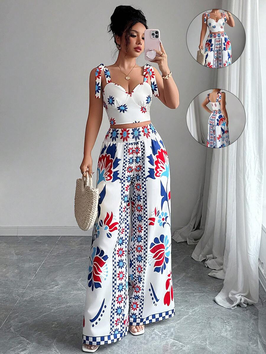 Elenzga Bộ đồ hai mảnh in họa tiết thanh lịch thời trang giản dị ngày lễ lãng mạn tiệc âm nhạc bohemian mùa hè hiện đại áo crop top hai dây và quần ống rộng ống đứng - Màu xanh lam - Xem 1