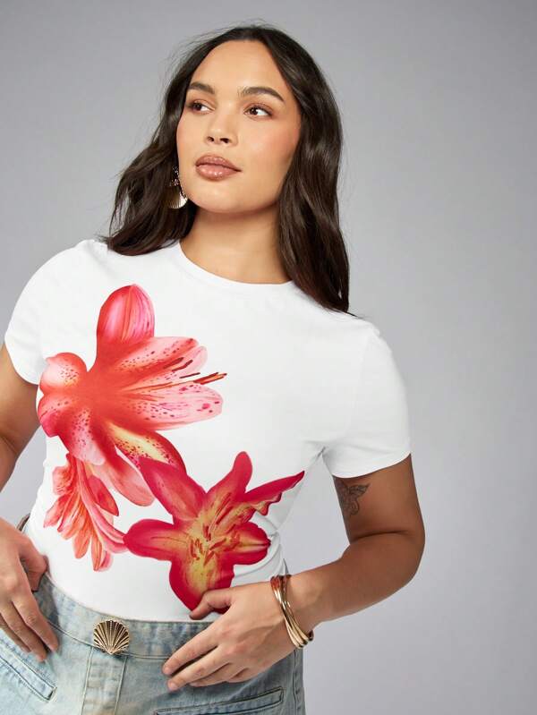 MISSGUIDED MISSGUIDED PLUS Tricou pentru bebeluși cu mânecă scurtă, imprimeu floral, vară, vacanță, insulă, ținută casual, mărime plus