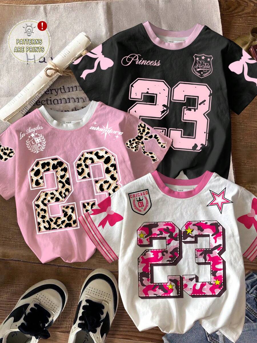 SHEIN Conjunto de 3 camisetas de manga corta cuello redondo, estilo atlético chic, con diseños de lazo y número 23 impresos, en estilo minimalista casual, apropiado para verano, para niña bebé
